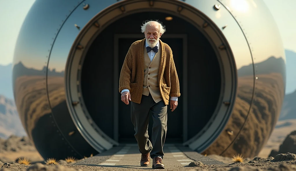 frail old man, cardigan sweater, bow tie, dark pants, brown shoes, stepping out of a huge mirrored spherical spacecraft, photo realistic