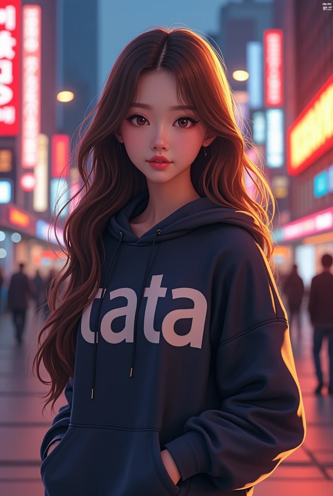 Create anime character;
{background: capital HD text: “GLBK” in center-top, sea}, tanned skin,
realistic, HDR, beautiful, korean style, full body, age 20, hoodie HD text: “Tata”, female, brown hair, long hair, purple