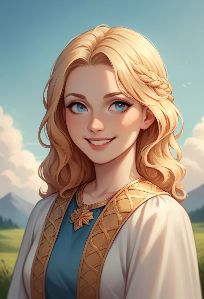 4k, in the drawing style of Q Hayashida, Sarah ,a young female mage, with long, wavy, golden blond hair, turquoise blue eyes, tall and thin, mischievous smile, mischievous. she wears a tunic, blue and white with gold accents. heroic fantasy medieval atmosphere