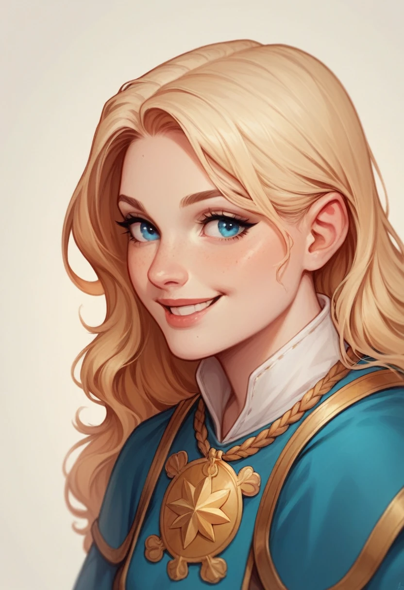 4k, in the drawing style of Q Hayashida, Sarah ,a young female mage, with long, wavy, golden blond hair, turquoise blue eyes, tall and thin, mischievous smile, mischievous. she wears a tunic, blue and white with gold accents. heroic fantasy medieval atmosphere
