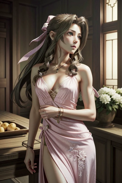 ((Very detailed, masterpiece, Highest quality)) FF7 Aerith, One person, One personで, Single Blade, Green Eyes, Brown Hair,Red ribbon、Pink Chinese Dress、Chest is clear、Beautiful and sexy body shape、Sexy pose、Simple Gray Background,Detailed and realistic hair