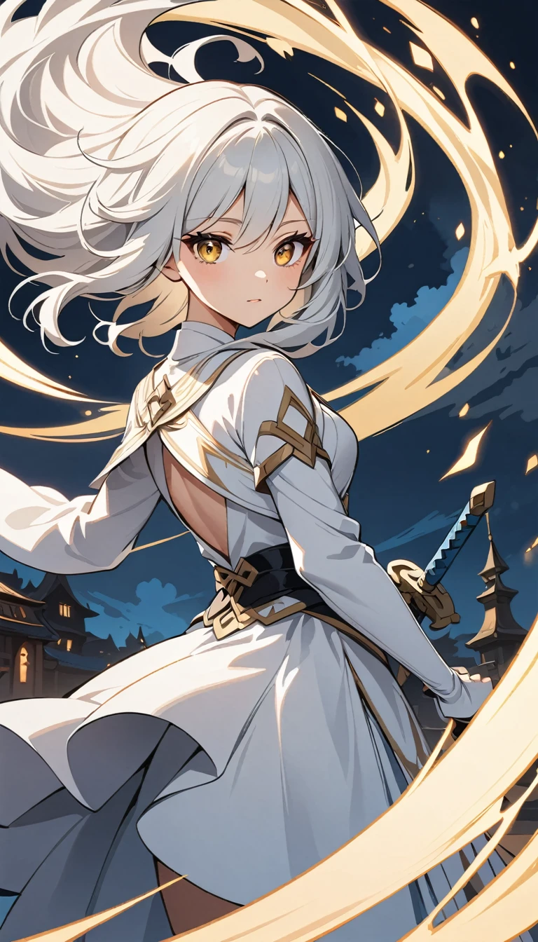 Black anime girl with long white hair dressed in white, Yellow Eyes, With sword, Shocking Genshin style