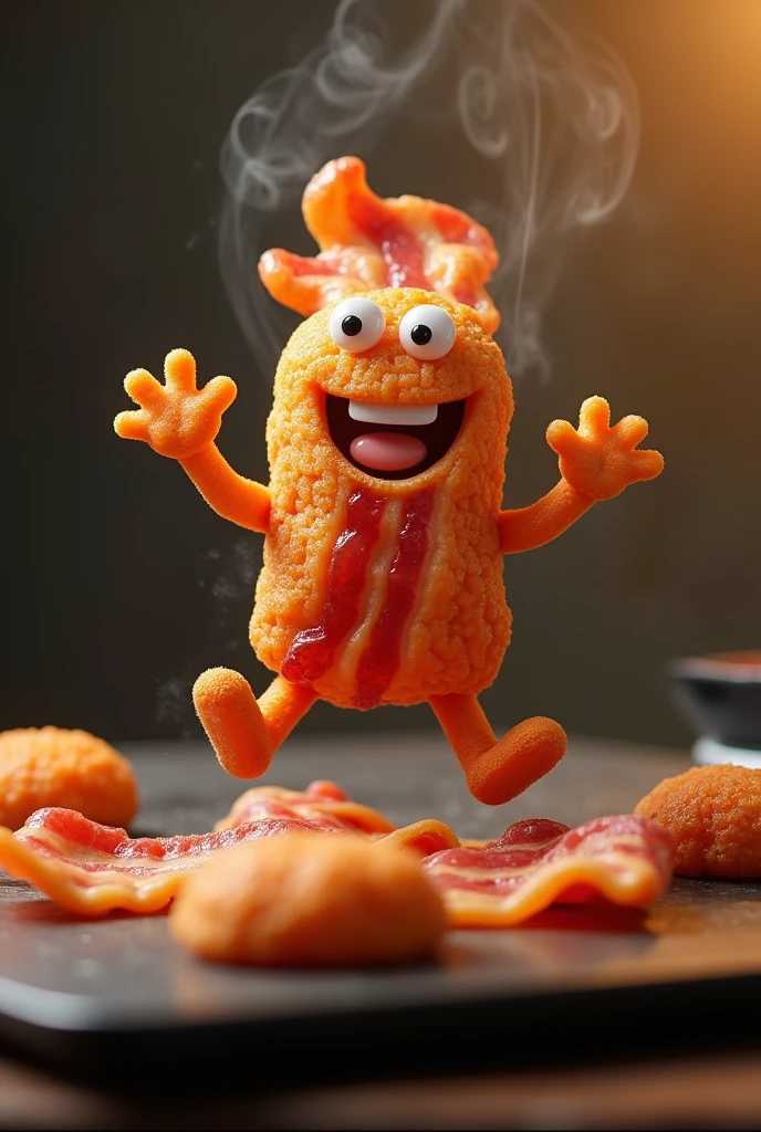 A bacon snack doll on a griddle jumping and saying come to snacks