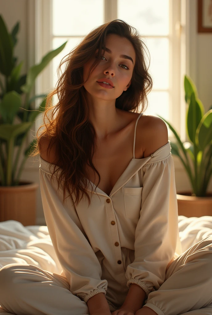 (photorealism:1.2), beautiful woman, sitting on bed, wearing loose off-shoulder top, pajama pants, long curly hair, indoors, soft lighting, plants in background, window with sunlight, cozy room, relaxed pose, realistic, intricate details, warm colors, by Greg Rutkowski, by Alphonse Mucha