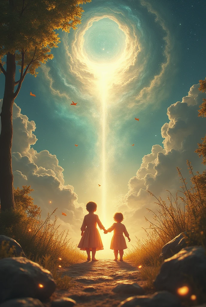 (photorealism:1.2), “You shall love your neighbor as yourself," resounded in the firmament, Guiding every action towards peace. Under the cloak of unconditional love, A sanctuary was erected where peace flourished like an eternal garden of light and wisdom.. Every act of kindness was transformed into a heavenly symphony, A testimony to the transformative power of love, revealing that “where there is love, There is life.”In this kingdom of light and love, Peace not only flourished, but expanded like an infinite constellation, Enveloping every corner of the cosmos and transforming the storm into an eternal dawn of harmony and unity, souls of light united by a golden ring a bright baby with his sister nearby