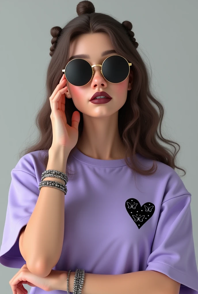 "Create an image of a young woman with long, wavy brown hair styled with two side braids on top, wearing round black sunglasses with a gold frame. She has a neutral facial expression with dark lipstick. She is touching her ear with her right hand, and she is wearing multiple silver and beaded bracelets on her left wrist. The woman is dressed in an oversized lavender T-shirt with a black print featuring a heart shape with butterflies and small dots on the left side of the chest. The background should be a plain, light gray color."