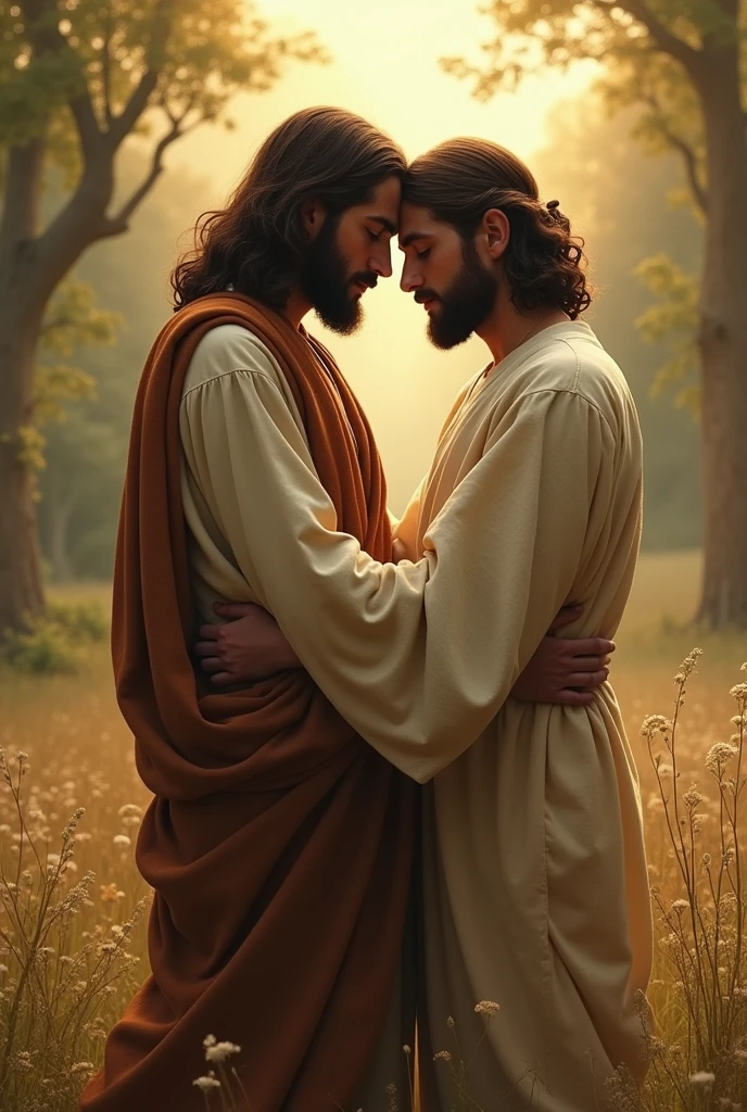 Image of Jesus walking BACK TO BACK hugging a son or a man BACK TO BACK