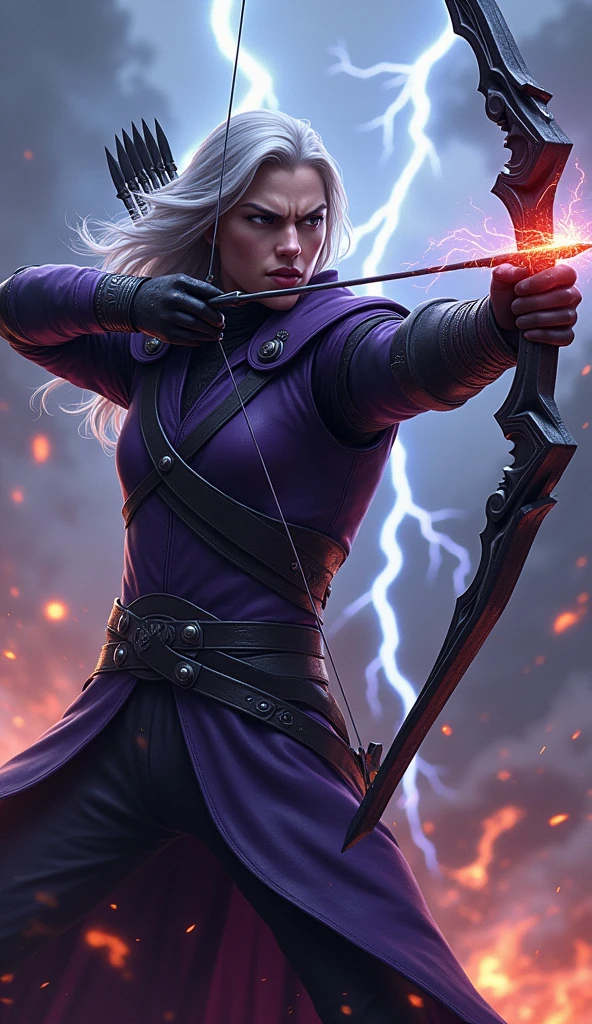 Full body action shot of a man, 8K resolution, high contrast, dramatic lighting, dynamic action pose, deep purple leather armor encases his body, moving with deadly precision. Raven, with long flowing silver hair, wields a black bow in his left hand, while his right hand pulls back the string to draw an arrow in front of him. The dynamic pose captures the moment just before the arrow is released, with the tension in the string clearly visible. Raven fires arrows that trail bolts of lightning ("Stormbringer Arrow") and fire ("Stormfire Arrow"), crackling and roaring in the air. A storm of lightning and fire erupts in the background, filling the scene with chaotic energy. The texture of the leather armor is so detailed that every wrinkle is clearly defined, and the intricate bow design is highlighted with lightning and flame effects. Raven's feet are locked in a powerful archer's stance, ready to unleash the next deadly volley. In high resolution, every strand of hair and arc of electrical energy is clearly visible, emphasizing the character's intense focus and power.