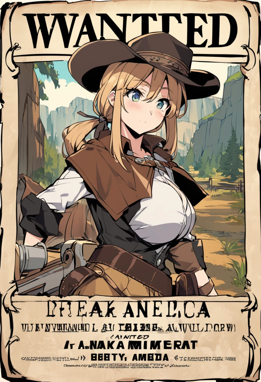 classical western america break news style,WANTED!,a pretty outlow girl,big breasts,bad eyesight,a hat and low ponytail hair,