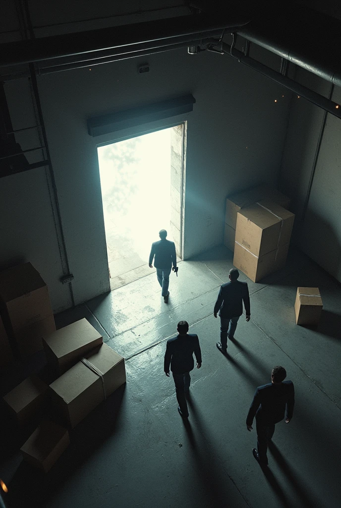 a folder of evidence on a table, It contains photos with the following parameters: (((images from a security camera, ccctv, I see them from above, top isometric view, the camera is positioned in the corner of the ceiling, there are men entering a small portal of energy edges, the portal opens in the middle of the warehouse. they are in a warehouse, there are hostages, black and white filter on image, interdimensional energy portal, they carry boxes, some men are armed, silhouettes, open angle, sparks, sparks, motion-blur,  old camera horizontal line filter)))