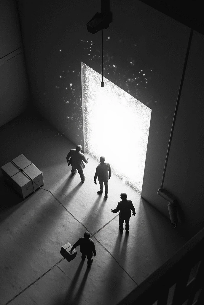a folder of evidence on a table, It contains photos with the following parameters: (((images from a security camera, ccctv, I see them from above, top isometric view, the camera is positioned in the corner of the ceiling, there are men entering a small portal of energy edges, the portal opens in the middle of the warehouse. they are in a warehouse, there are hostages, black and white filter on image, interdimensional energy portal, they carry boxes, some men are armed, silhouettes, open angle, sparks, sparks, motion-blur, old camera horizontal line filter)))