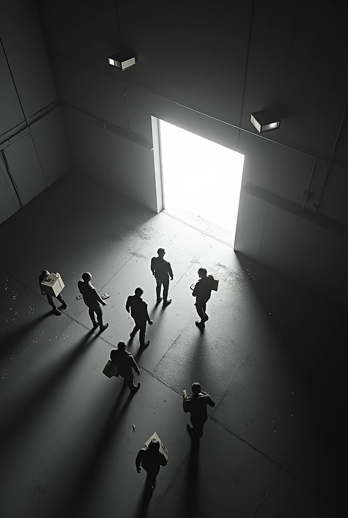 a folder of evidence on a table, It contains photos with the following parameters: (((images from a security camera, ccctv, I see them from above, top isometric view, the camera is positioned in the corner of the ceiling, there are men entering a small portal of energy edges, the portal opens in the middle of the warehouse. they are in a warehouse, there are hostages, black and white filter on image, interdimensional energy portal, they carry boxes, some men are armed, silhouettes, open angle, sparks, sparks, motion-blur, old camera horizontal line filter)))
