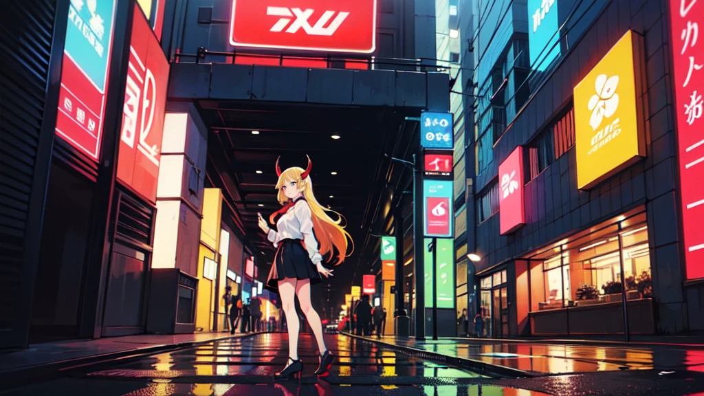 Create a digital illustration in the style of 90s anime art. The character should resemble a young woman with long blonde hair, yellow eyes, and red horns, wearing a white shirt and black tie. She should be standing in a neon-lit city street at night, with vibrant signs and glowing lights reflecting off the wet pavement. The background should capture the essence of a bustling urban environment, with a mix of modern and retro elements, all rendered in the distinct, detailed, and slightly grainy style typical of 90s anime.