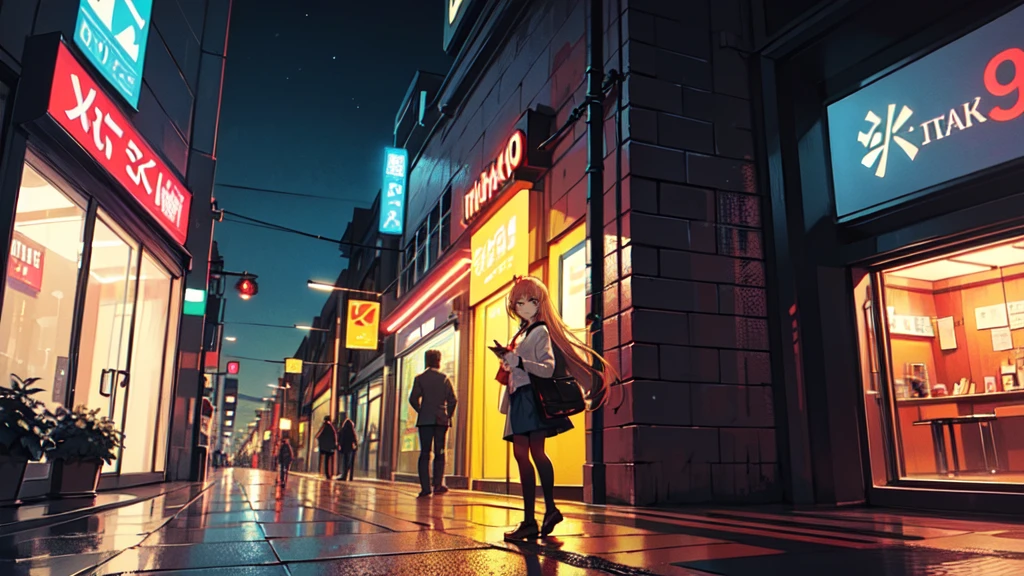 Create a digital illustration in the style of 90s anime art. The character should resemble a young woman with long blonde hair, yellow eyes, and red horns, wearing a white shirt and black tie. She should be standing in a neon-lit city street at night, with vibrant signs and glowing lights reflecting off the wet pavement. The background should capture the essence of a bustling urban environment, with a mix of modern and retro elements, all rendered in the distinct, detailed, and slightly grainy style typical of 90s anime.