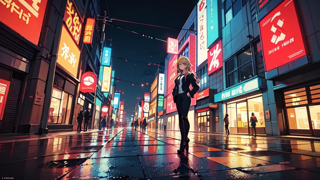 Create a digital illustration in the style of 90s anime art. The character should resemble a young woman with long blonde hair, yellow eyes, and red horns, wearing a white shirt and black tie. She should be standing in a neon-lit city street at night, with vibrant signs and glowing lights reflecting off the wet pavement. The background should capture the essence of a bustling urban environment, with a mix of modern and retro elements, all rendered in the distinct, detailed, and slightly grainy style typical of 90s anime.