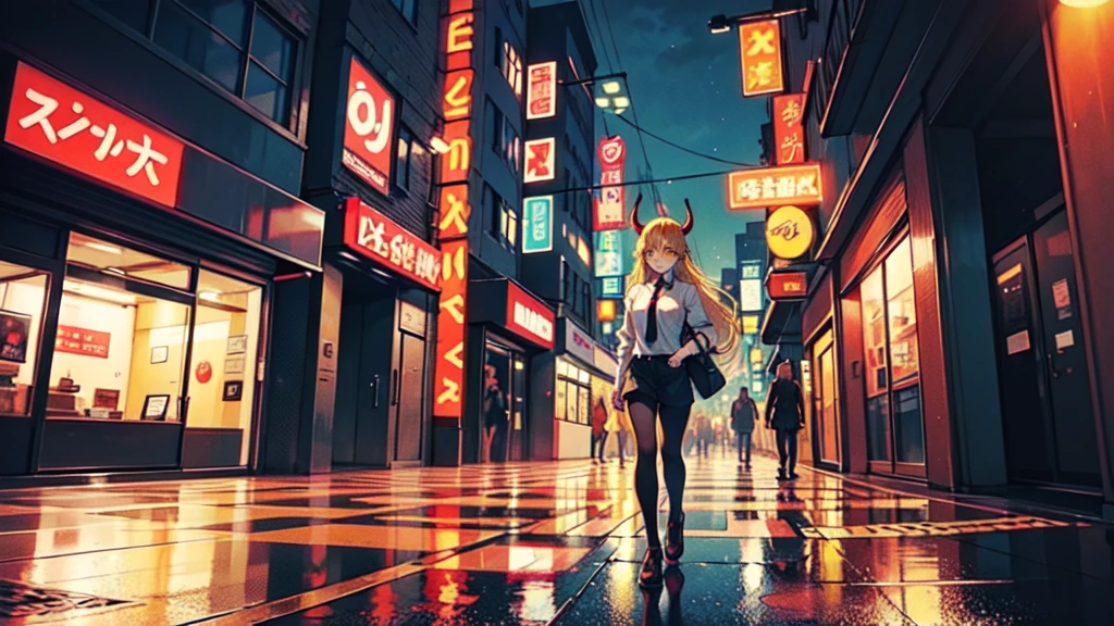 Create a digital illustration in the style of 90s anime art. The character should resemble a young woman with long blonde hair, yellow eyes, and red horns, wearing a white shirt and black tie. She should be standing in a neon-lit city street at night, with vibrant signs and glowing lights reflecting off the wet pavement. The background should capture the essence of a bustling urban environment, with a mix of modern and retro elements, all rendered in the distinct, detailed, and slightly grainy style typical of 90s anime.