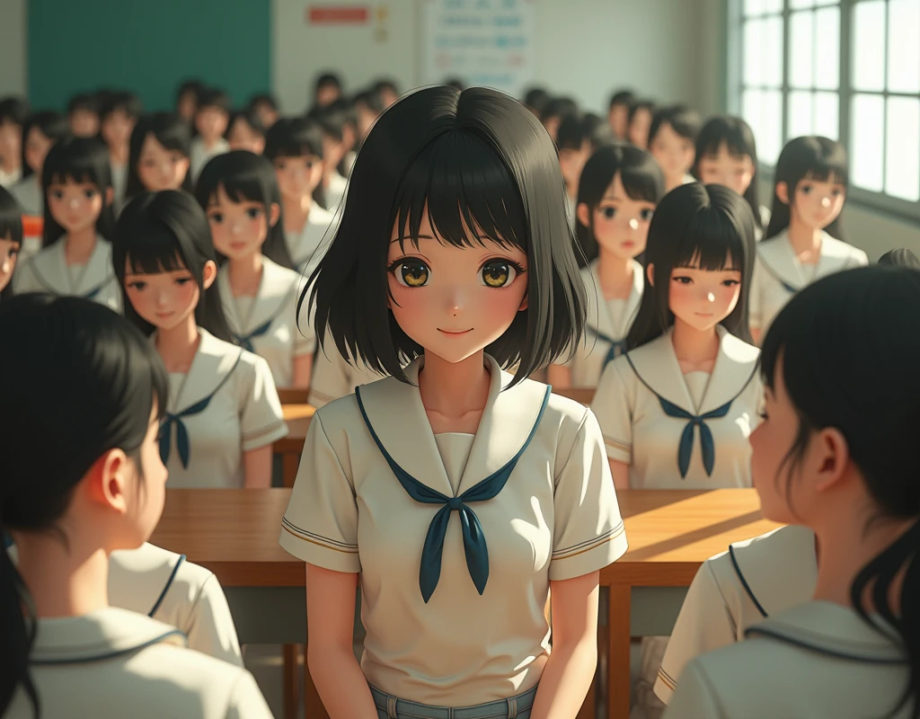 (Japanese Clone-girls=Myself), (Super Best masterpiece Clone-girls Raw Photography Art), (16K, Highest quality, Ultra-high resolution, RAW Photos), (It's so unrealistic., With unparalleled depiction, With an unfathomable sight, An unprecedented and shocking worldview, Clone-girls: In a world of mass reproduction, Ultra-realistic depiction), (Japanese Girls, Hamabe-Minami, 18yo), (Small face, Thick black hair, long hair, Dark Eyes, Mature face, Cute Smile, Smiling face, A gentle gaze), (Very pleasant look), (Very beautiful and detailed girl, Accurate body structure, Accurate body movements, Very detailed body), (Super big breasts, Large bulge of ample breasts), (High school girl's summer clothes, Short sleeve, Emphasise the fullness of your breasts), (Very detailed, Myself cloning, Depiction of splitting oneself, 1Myself girl→1,000,000,000,000,000,000,000,000,000,000Myself cloning girls), (Myself clone girlsは, With the same perfect appearance, to multiply in large numbers), (Very detailed depiction, Myself's multiplying female body, In the same female body,With the same face, With the same hairstyle, In the same clothes, At the same height, 同じSuper big breastsで, A completely indistinguishable female body, 1,000,000,000,000,000,000,000,000,000,000 people), (Myself girls only), (1,000,000,000,000,000,000,000,000,000,000Myself girls), Japanese Classroom, Scenes from class, Bright lighting, Peaceful atmosphere, 50 people, Top view, Snapshot depiction, Other than the front of the subject