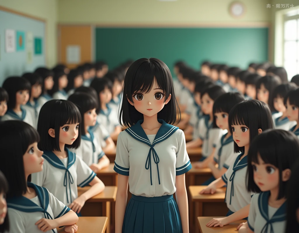 (Japanese Clone-girls=Myself), (Super Best masterpiece Clone-girls Raw Photography Art), (16K, Highest quality, Ultra-high resolution, RAW Photos), (It's so unrealistic., With unparalleled depiction, With an unfathomable sight, An unprecedented and shocking worldview, Clone-girls: In a world of mass reproduction, Ultra-realistic depiction), (Japanese Girls, Hamabe-Minami, 18yo), (Small face, Thick black hair, long hair, Dark Eyes, Mature face, Cute Smile, Smiling face, A gentle gaze), (Very pleasant look), (Very beautiful and detailed girl, Accurate body structure, Accurate body movements, Very detailed body), (Super big breasts, Large bulge of ample breasts), (High school girl's summer clothes, Short sleeve, Emphasise the fullness of your breasts), (Very detailed, Myself cloning, Depiction of splitting oneself, 1Myself girl→1,000,000,000,000,000,000,000,000,000,000Myself cloning girls), (Myself clone girlsは, With the same perfect appearance, to multiply in large numbers), (Very detailed depiction, Myself's multiplying female body, In the same female body,With the same face, With the same hairstyle, In the same clothes, At the same height, 同じSuper big breastsで, A completely indistinguishable female body, 1,000,000,000,000,000,000,000,000,000,000 people), (Myself girls only), (1,000,000,000,000,000,000,000,000,000,000Myself girls), Japanese Classroom, Scenes from class, Bright lighting, Peaceful atmosphere, 50 people, Top view, Snapshot depiction, Other than the front of the subject