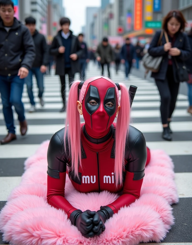 ((Highest quality)), ((masterpiece)), (photograph), ((Japanese women)), ((Deadpool costume and mask)), (((On his chest, he has the word &quot;mu mi&quot; written in white letters.))), Deadpool woman with pink hair and twin tails, Lying on a fluffy pink bath mat at Tokyo&#39;s Scramble Crossing, Surrounded by passers-by。