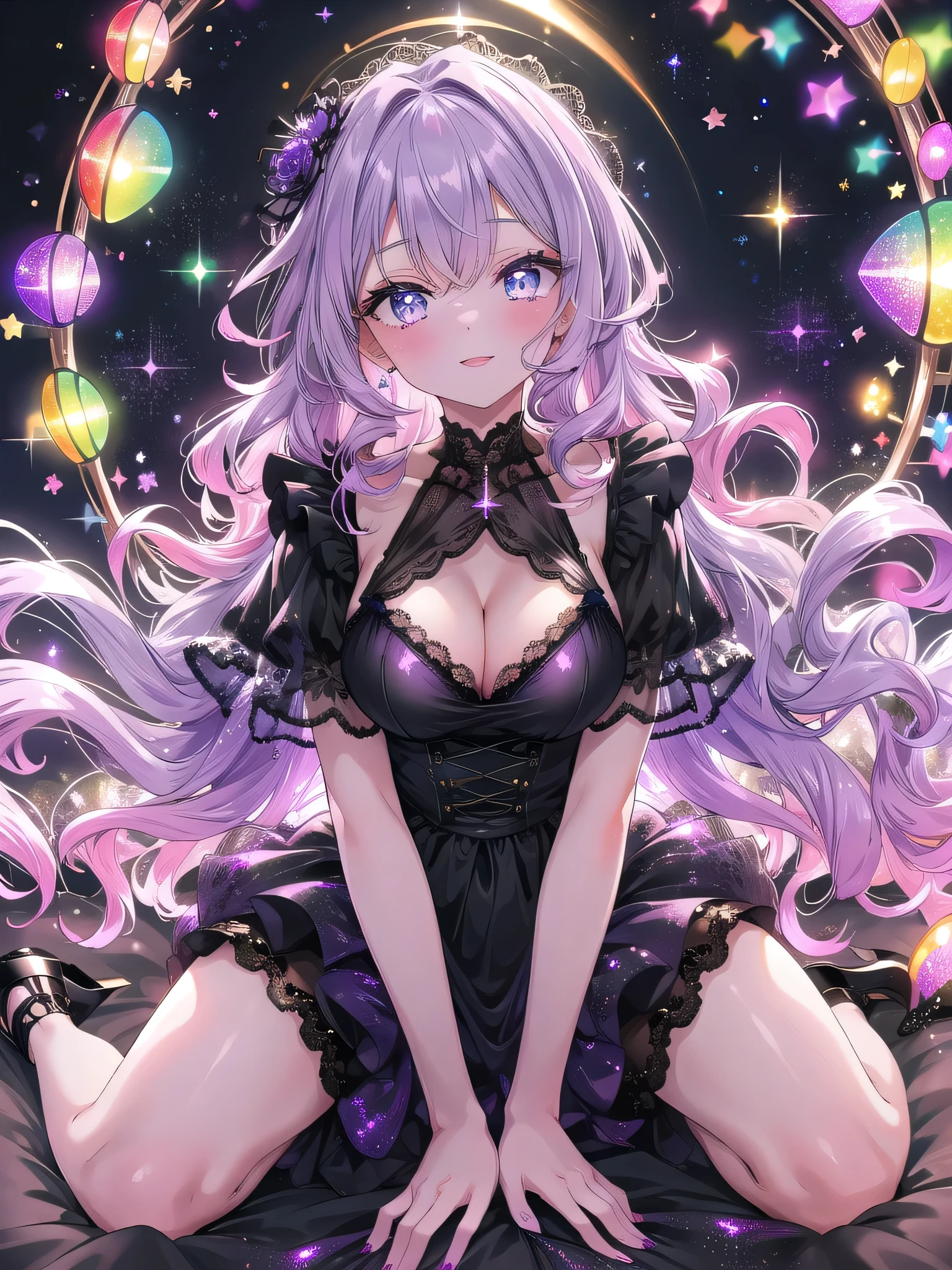 ((8k, Highest quality, masterpiece: 1.3)),Ultra-high resolution,(1 girl, alone), (Color changing eyes, Ultra-detailed, Expressive brilliance, Glitter, Glowing Eyes), Highly detailed eyes, Highly detailed face, Random Hair, ((pastel colour))Design a Vtuber character with a gradient hair color from pastel lavender to deep violet, styled in soft, natural curls. Her eyes are a captivating mix of deep violet and light lilac, sparkling with a soft shimmer. She is dressed in a black silk balconette bra and matching panties, both adorned with minimalistic lace detailing. She is posing on all fours on a bed with a dark grey duvet and a few decorative pillows. Her expression is playful and smiling, with a joyful demeanor that highlights the smoothness of the silk fabric and her engaging pose.