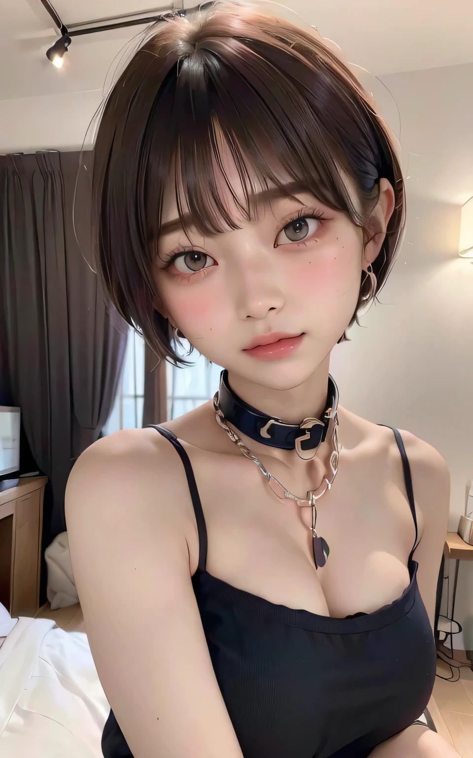 (Highest quality:1.3)、(Masterpiece:1.4)、Raw photo、8k、((Best image quality))、 ((High resolution))、Beautiful face in every detail、Realistic human skin、(Cute natural anime face)、(One Woman:1.3)、Realistic、Photorealistic、short hair、(Beautiful woman)、((Cool Japan girl))、(boyish:1.3)、mannish、((Beautiful woman))、(Beautiful Hair)、((Dark brown hair))、(Blushing:1.6)、(Fashion Model:1.3)、(Every woman admires her face:1.3)、((Her eyes are big))、20 year old beauty、(Small face)、Small Head、((Long neck))、(パーティーdress)、dress、((Bedroom))、(Thick chain collar:1.4)、restrain with chains、(The aspirations of young people)、(Night Scene:1.3)、((The most beautiful girl at the party))、Attractive lips、everyone will love her、(Cleavage)、Off the shoulder、sexual excitement、sexual feelings、Thick chain collar、(Embarrassed look:1.2)、((temptation))、sexly、Sex Appeal、eros、Get attention from the audience、(Medal around neck)