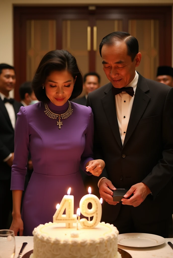 dinner celebrating the 49th birthday of an Indonesian woman,  attended by the President of Indonesia, Joko Widodo. In front of them was a birthday cake with the word 49 written on it with the number 49 candles..  There is writing "For Diah". They were both dressed in high class formals. The woman is wearing a purple high neck dress and wearing a diamond necklace with a cross on the end.. The woman&#39;s position is blowing out the candles.  President Joko Widodo gave a birthday present to the woman. Around them the guests shook hands. Super realistic photos. UHD image. Looking at camera