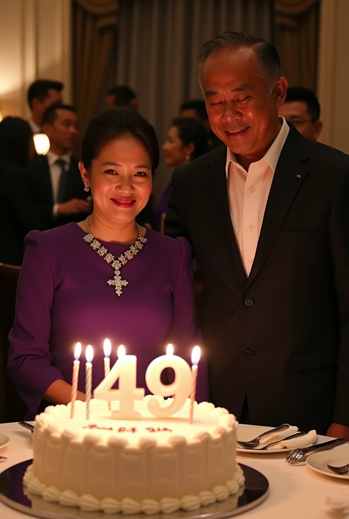dinner celebrating the 49th birthday of an Indonesian woman, attended by President Joko Widodo. In front of them was a birthday cake with the word 49 written on it with the number 49 candles.. There is writing "For Diah". They were both dressed in high class formals. The woman is wearing a purple high neck dress and wearing a diamond necklace with a cross on the end.. The woman's position is blowing out the candles. President Joko Widodo gave a birthday present to the woman. Around them the guests shook hands. Super realistic photos. UHD image. Pose facing the camera