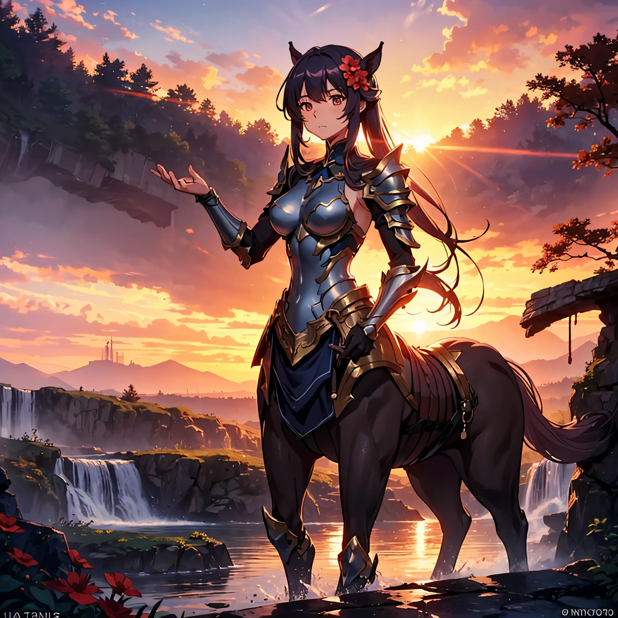 a centaur, armor, perfect anatomy,hand,flower,waterfall,sunset,cinematic lighting,8k,ultra-detailed,anime,color grading,harmonious colors,long exposure,masterpiece,perfect proportion,alluring