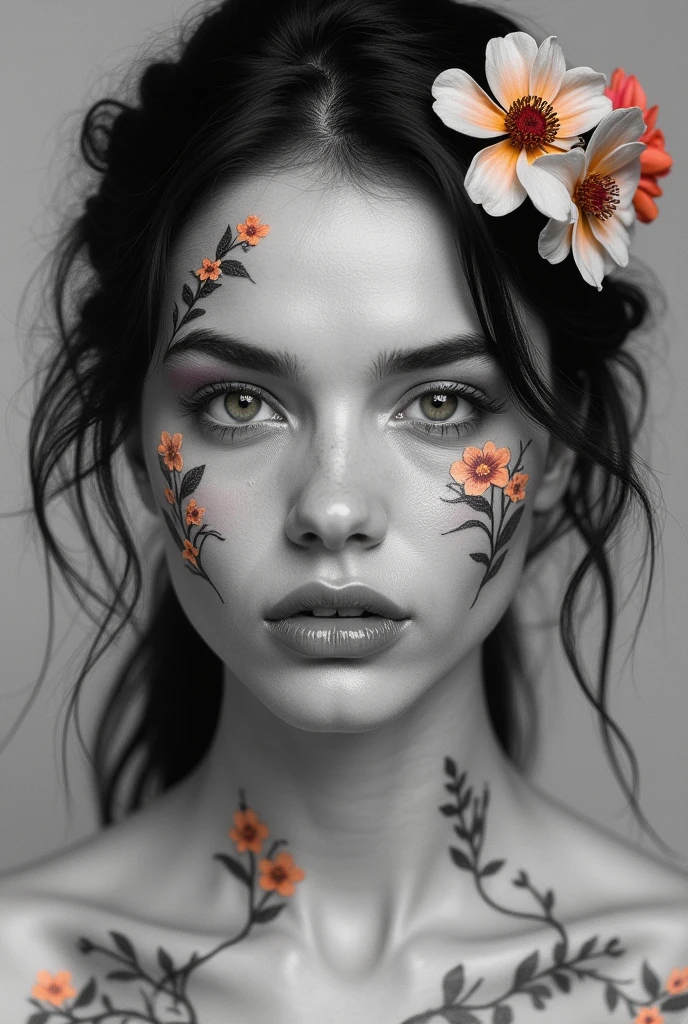 a minimalist b&w photograph, an incredibly realistic and hyper-detailed
of a woman's face, intricate body art themed around flowers, a small
colorful fragment on the monochromatic background, the delicate floral
designs, the shallow depth of field, a striking contrast