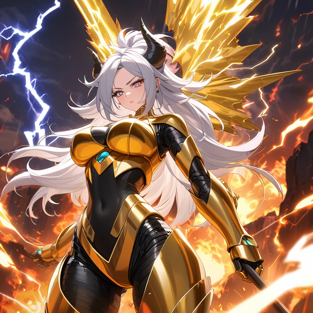 ((((Golden Spear)))), ((Lightning Power)), ((Electricity)), ((Fire Background)), ((Lightning Storm)), ((Power Erupting)), ((((android 21)))), (((white Coat))), (((Busty))), luxury bustier corset, ((silver hair)), (((Very slim waist))), propotional body, ((Gorgeous)), (((gold wings))), masterpiece, hyperdetail, ambient effect, digital effect, (((Lightning Spear))), (((Fire Gold Armor))), (((Lightning Gold Wings))), ((Fire Demon Horns))