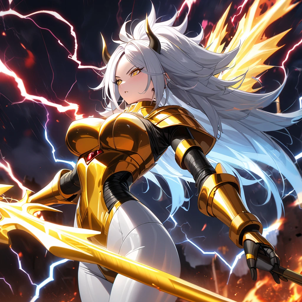 ((((Golden Spear)))), ((Lightning Power)), ((Electricity)), ((Fire Background)), ((Lightning Storm)), ((Power Erupting)), ((((android 21)))), (((white Coat))), (((Busty))), luxury bustier corset, ((silver hair)), (((Very slim waist))), propotional body, ((Gorgeous)), (((gold wings))), masterpiece, hyperdetail, ambient effect, digital effect, (((Lightning Spear))), (((Fire Gold Armor))), (((Lightning Gold Wings))), ((Fire Demon Horns))