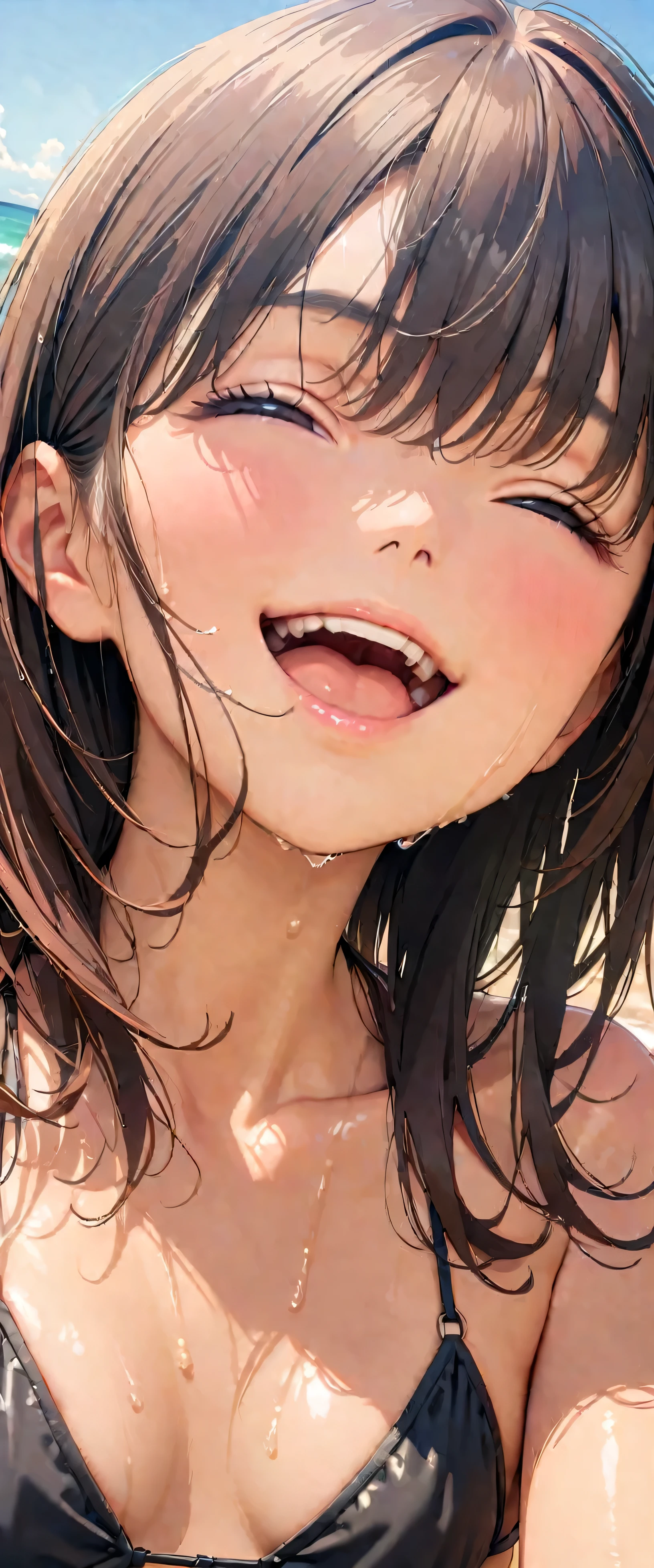 (Highest quality:1.2, Very detailed, Latest, Vibrant, masterpiece:1.2, Highest quality, Best aesthetics), smile, ((Face Up Shot:1.4)), 1980s style, 8K Ultra HD, Background Blur, smile, One Woman, Woman in bikini, Strong sunlight, Seaside, sunny, Summer sunshine, Wet Skin, Flat chest, Sandy Beach, low length, Dynamic Angle, very young, Get excited