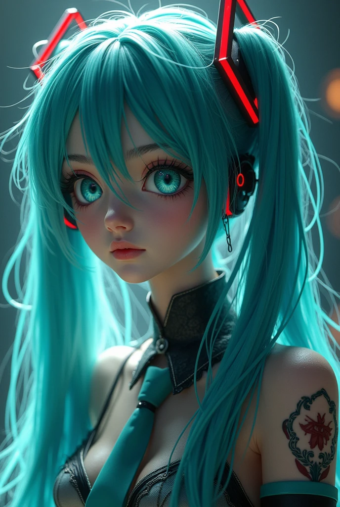 full body, Genius lady Hatsune Miku, intricate detail Highly Detailed Eyes, Faded, 16K resolution, RAW, Nikon Z9, Creative, Masterpiece, Fantasy, High Definition, High Quality, 8k, Realistic, Dramatic Lighting, Soft Focus, Digital Illustration, Intricate Mechanics, Advanced Techniques, Dark Background Cinematic, High Contrast, High Contrast Atmosphere, (Best Quality, 4k, 8k, High Definition, Masterpiece: 1. 2), Ultra-Detailed, (Realistic, Graphic, Photorealistic: 1. 4) -- No Glass --AR 16:9 --Stylize 1000