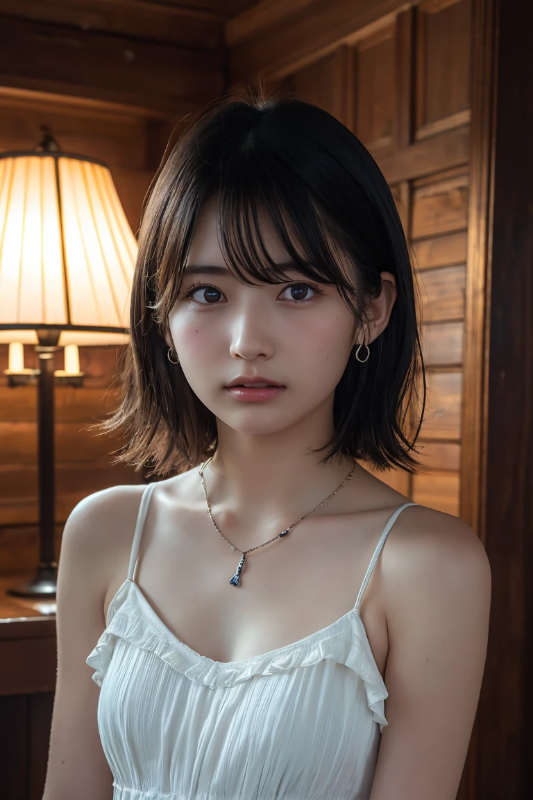 (Highest quality:1.4)，(masterpiece:1.4)，(Realistic:1.4)，(Realistic:1.2)，(超High resolution， RAW Photos:1.4)，(High resolution， Ultra-detailed:1.2)，(8k:1.2)，View your viewers，Cinematic photography，One person，skeletally correct，Black-haired woman，Woman in her early 20s，(Small earrings，necklace，Mellow frill tiered cami dress)，（Western-style building interior，Dimly lit room，The lamplight shines on my cheeks）