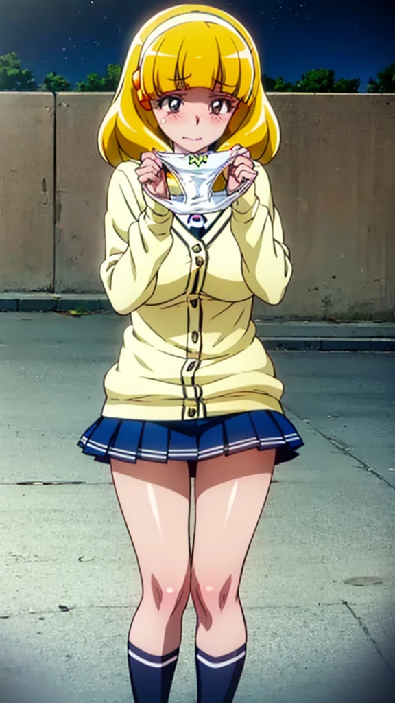 Scary, Yayoi Kose, short hair, Blonde, (Good eyes:1.3), hair band, white hair band, Embarrassing,blush,
Breaking skirt, school uniform, socks, cardigan, nanairogaoka middle school uniform, yellow cardigan, Pleated skirt, Blue Skirt,Highest quality, masterpiece, Ultra-high resolution, (reality: 1.4), Original photo, 1 female, mature, smile, Plump body, , Cinema Lighting, Exact finger count、Exact number of legs、(Exact number of arms:1.0, Exact number of hands:1.0), (Perfect hands, Perfect Anatomy), cinematic, reality, Extremely detailed CG, night lighting, Perfect lighting, Best Shadow, The best natural light, smile, (Huge breasts:1.2),Chest pocket,((Woman showing off her panties:1.3)), , (Sexy and cute panties), (Stylish shiny panties:1.2), Side tie panties, Lace panties:1, Feeling embarrassed, (blush:1.2), (Embarrassed expression:1.4), (On the streets of the entertainment district at night:1.3), Angle from the front