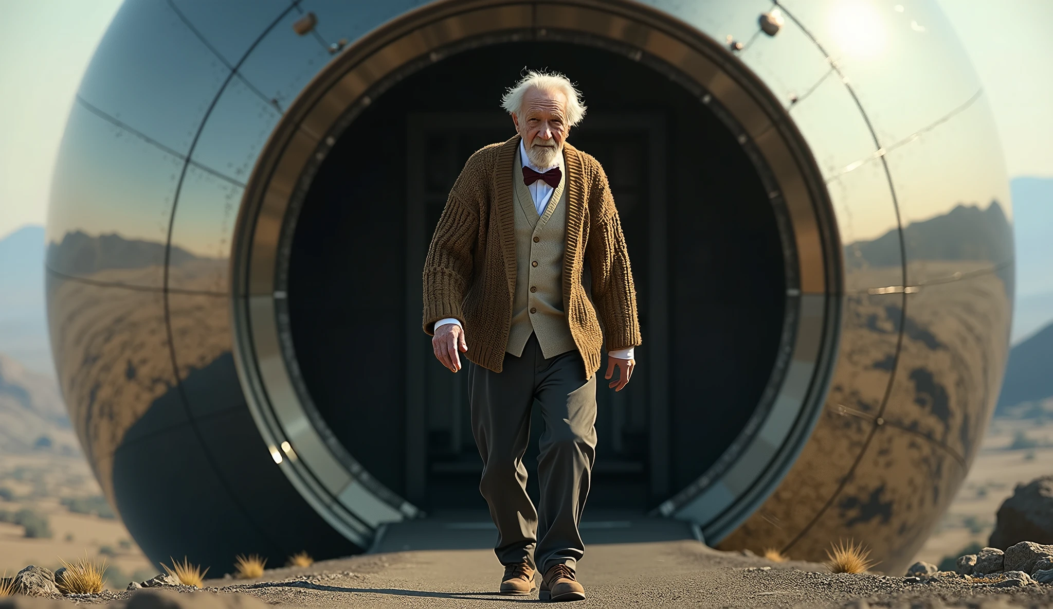 frail old man, cardigan sweater, bow tie, dark pants, brown shoes, stepping out of a huge mirrored spherical spacecraft, photo realistic