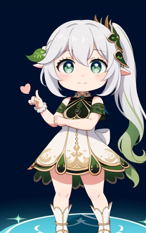 fullcg,Best quality,highest quality, 8k,Soft lighting, Confused, Looking at the audience, alone, smile, Knee socks,Nahida Genshin Impact | Character Lora 1283,((low length:1.5)),((chibi:1.5)),((little child girl)),1girl,difficult,cowboy shot,Beautiful cityscape,(standing:1.6),(Front facing:1.5),(((pretty made costume))),((making a heart with fingers)),