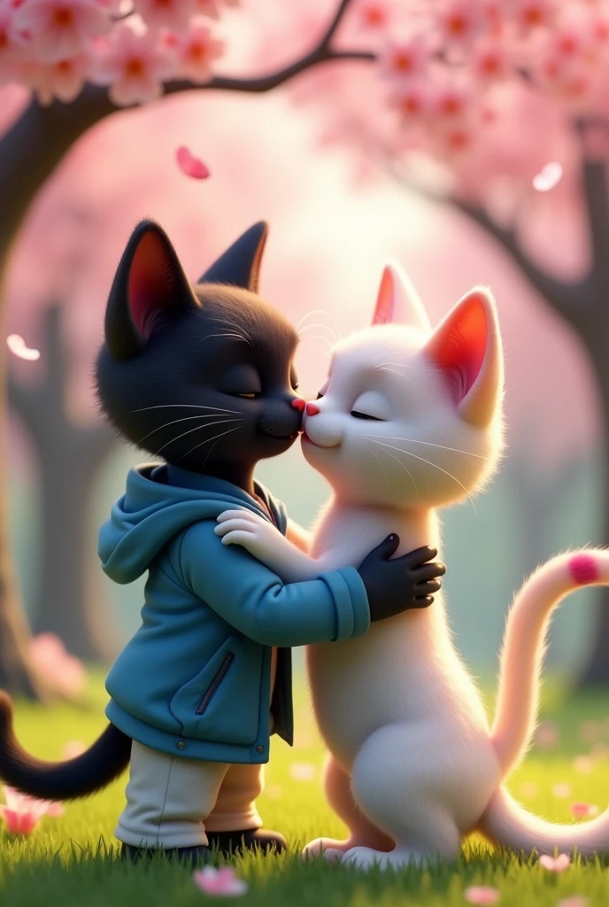 Image 5: At the Park, Kissing**
The two young cats are standing under a blooming cherry blossom tree in a park, sharing a tender real lip to lip kiss. The black tiny extra long cat's wearing a blue jacket and white pant arm is gently around the rainbow-colored very short white cat's waist, while the rainbow-colored cat has her hands on his shoulders. Their eyes are closed, and there is a soft, romantic atmosphere. Realistic 3d image cinematic