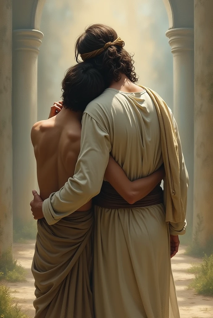 Image of Jesus walking backwards with his BACK hugging a son or a man with his BACK turned away from the screen