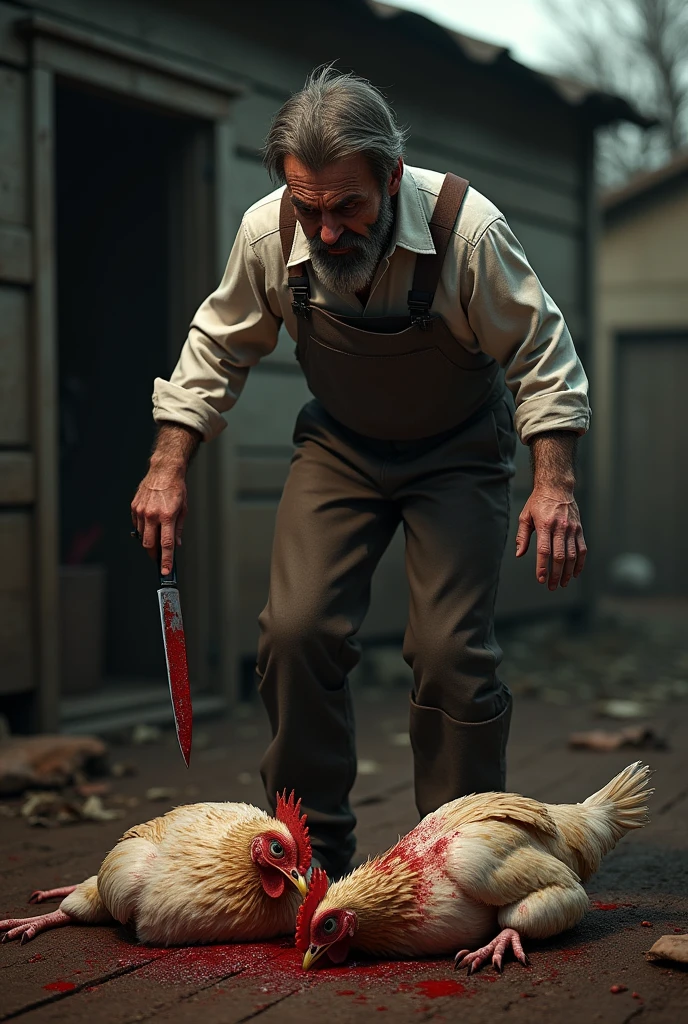 A 3d image of a farmer who has cut his hen in two pieces