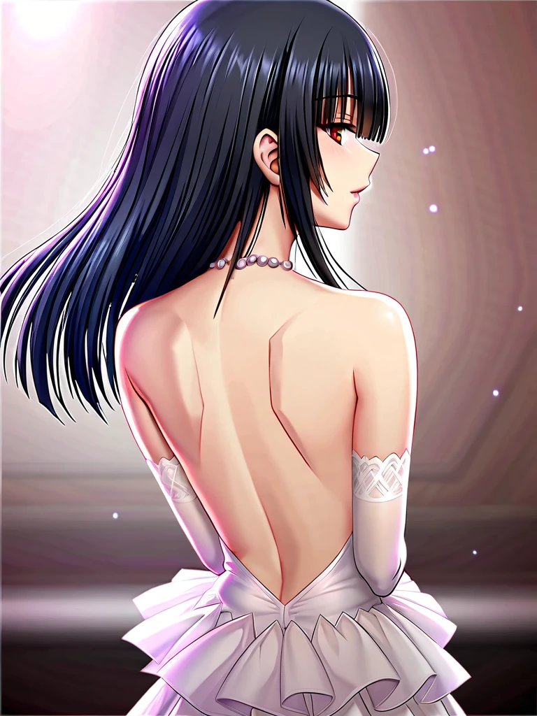 tokisaki kurumi,((masterpiece)),(((best quality))),((ultra-detailed)),((illustration)),((disheveled hair)),((frills)),(1 girl),(solo),Wavy hair secretary,solitary,Exquisite eyes,Fine black hair,( Smooth skin:1.2)( Wear a gorgeous and sparkling evening gown:1.2), Slender body proportions,Back,Gorgeous room,backless outfit,back focus,from behind,Simple background, Blurred Background, Glossy background,long hair,Hairstyle,upper body,