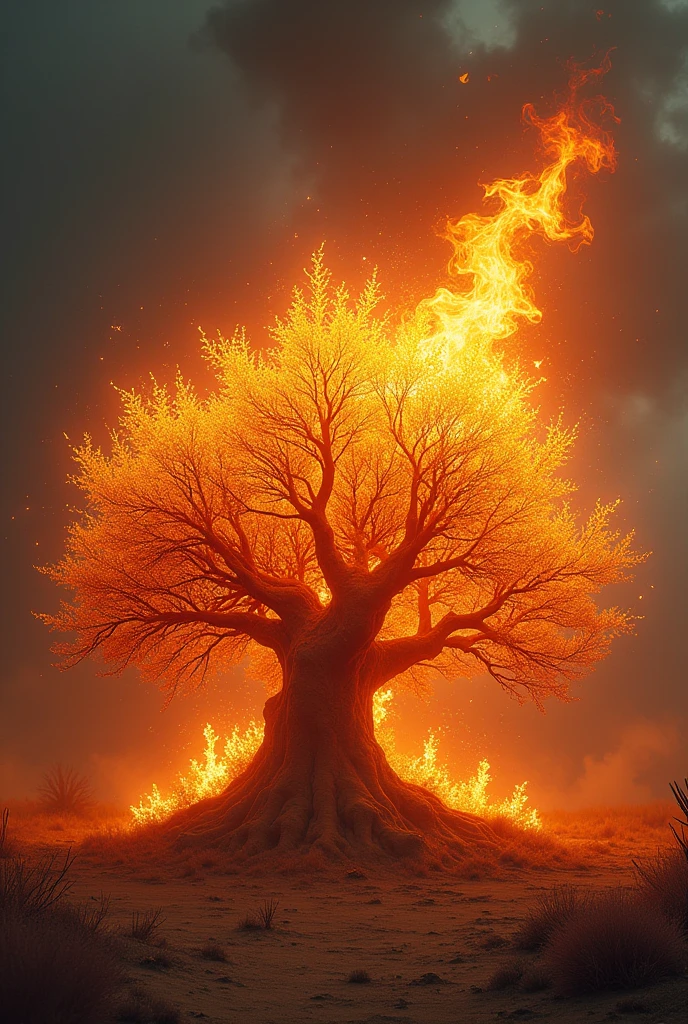 1. 2. A mysterious bush engulfed in vibrant flames, yet the branches remain untouched and unharmed . 2000bc, hyper realistic