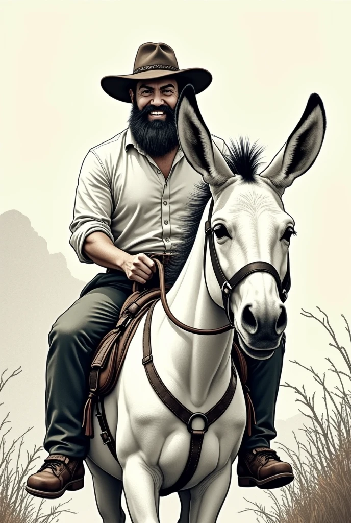 Bearded big nosed man on a donkey with leather hat white woodblock print shirt, and smile on your face, short beard, gradient hair
