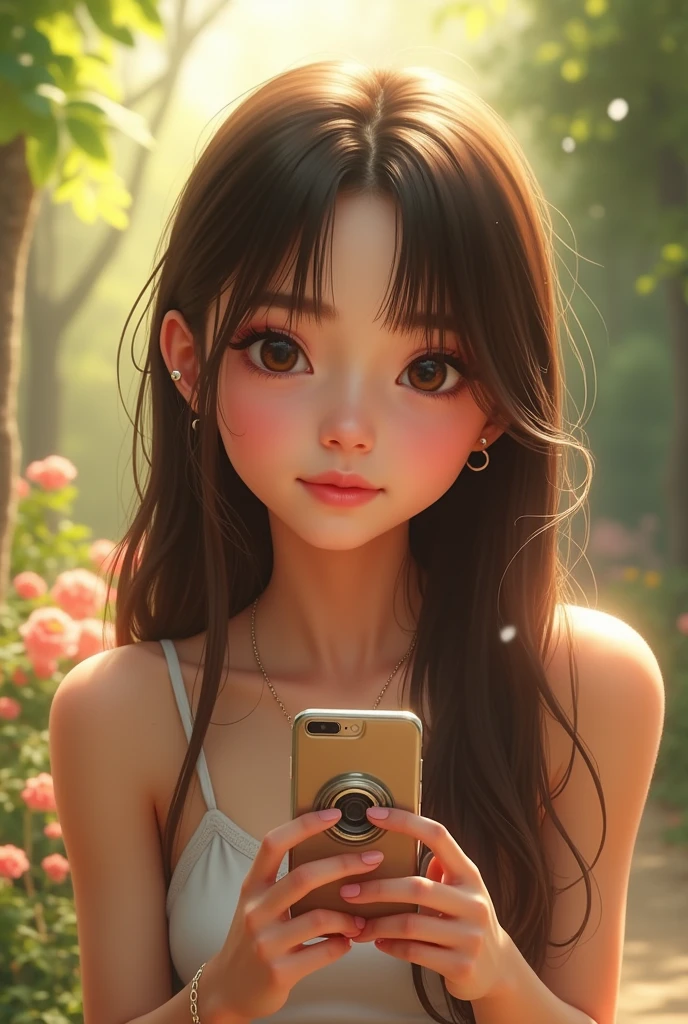 an 1 girl, white skinned, dark brown hair taking a selfie