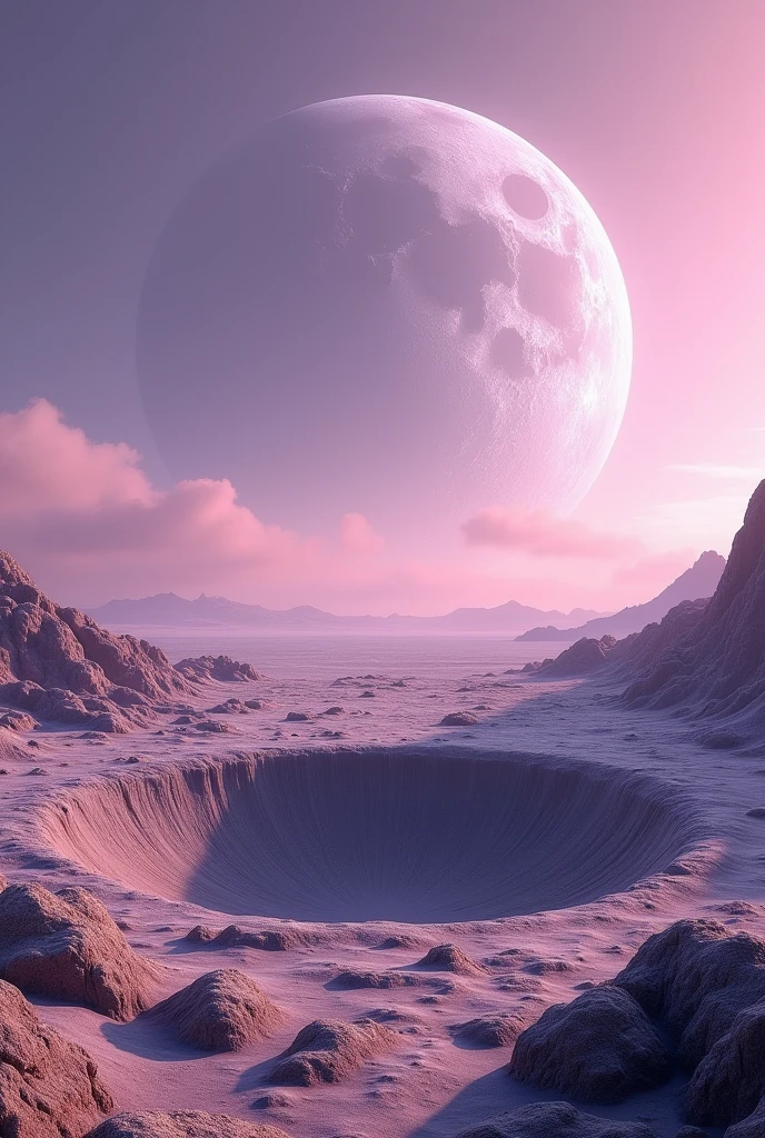 Make a background of the moon crater with brown rocks and behind it put a sky with lavender tones showing the ground 