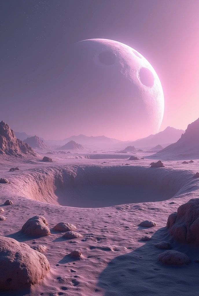 Make a background of the moon crater with brown rocks and behind it put a sky with lavender tones showing the ground