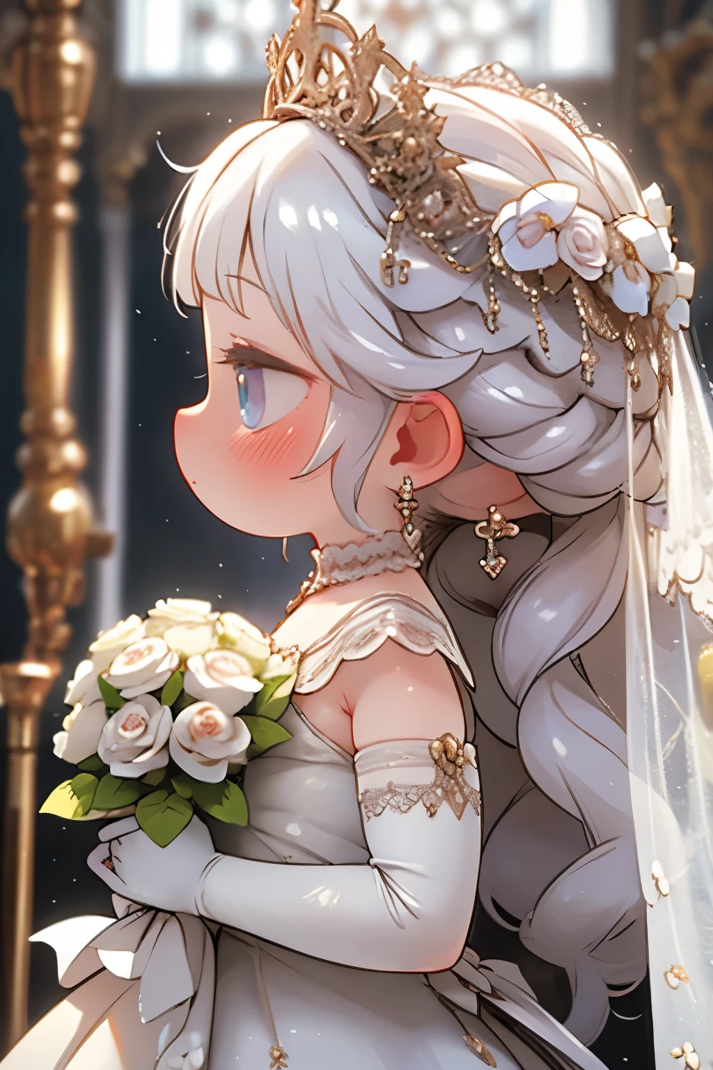 (masterpiece, Highest quality:1.2), One , Earrings，Veil，jewelry，alone，wedding dress，flower束，dress，bridal Veil，flower，elbow gloves，white dress，gloves，flower嫁，Upper Body，From the side，profile，white gloves，Rose，Center of chest，Mouth closed，hoop Earrings，white flower，holding flower束，