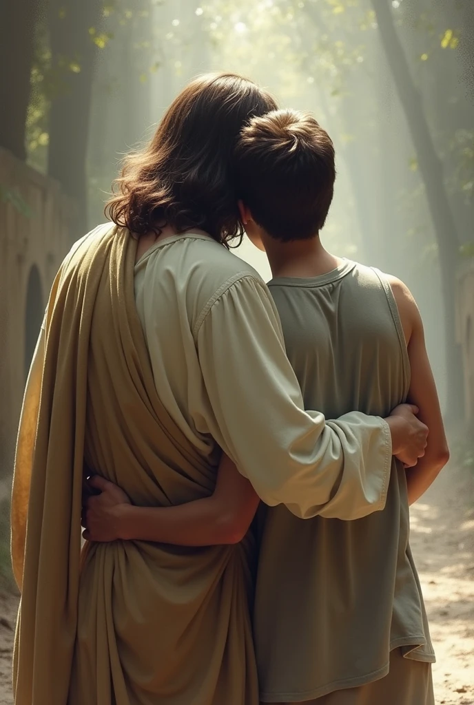 Image of Jesus walking backwards with his BACK hugging a son or a man with his BACK turned away from the screen