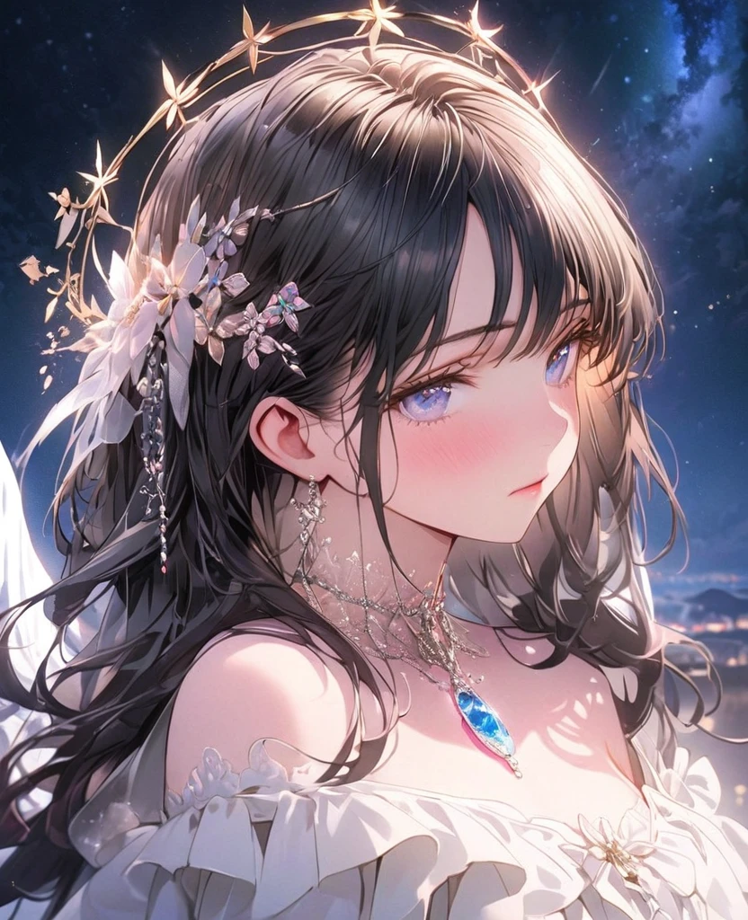8k,Ephemeral beauty,Very delicate and beautiful,Beautiful and realistic skin,Hair that shines like a jewel,Black Hair、Long and colorful hair,Beautiful Eyes,good,Beautiful night sky、shy、White, frilly adult clothing、