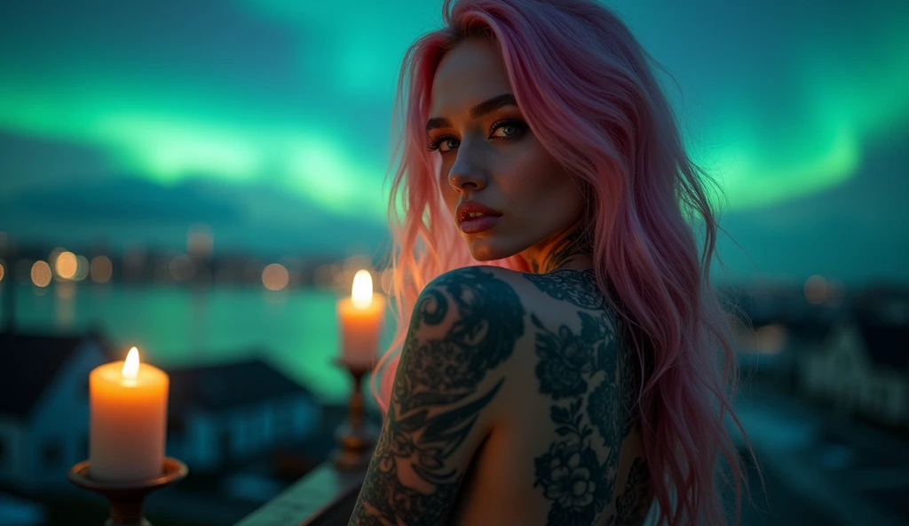 tattooed,(very beautiful big breasts)、(tears),(Back Tattoo、Many tattoos on both arms and neck)、 (Reykjavik at night, Aurora shining in the night sky),Candlelight only,Very detailed, 2, Beautiful woman,Depressed face, Pink Hair,Medium Hair, blue eyes, High resolution, masterpiece, Highest quality, Intricate details, Very detailed, Clear focus, Delicate skin, practical skin texture, texture, Delicate eyes, Professional, 8k, Sad face,despair、 Shot with Canon, 85mm, Shallow and deep, Kodak Vision Color, that&#39;s right, Very detailed, photograph_\(Extremist\), photographpractical, practical, Post-processing, Maximum details, Roughness, Real Life, Extremist practical, Photorealism, photographgraphy, 8k ウルトラ HD, photographgraphy